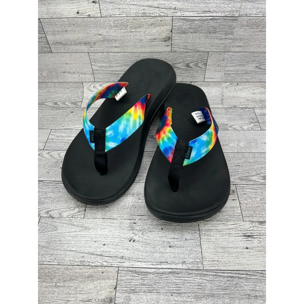 Chaco Mens Tie Dye Flip Flops JCH108035 Black Thong Sandals Size 8 Rainbow
